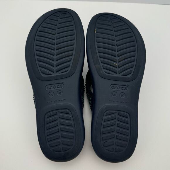 Crocs Navy Blue Monterey Diamante Embellished T-strap Wedge Sandal Sz 6 - Picture 4 of 9